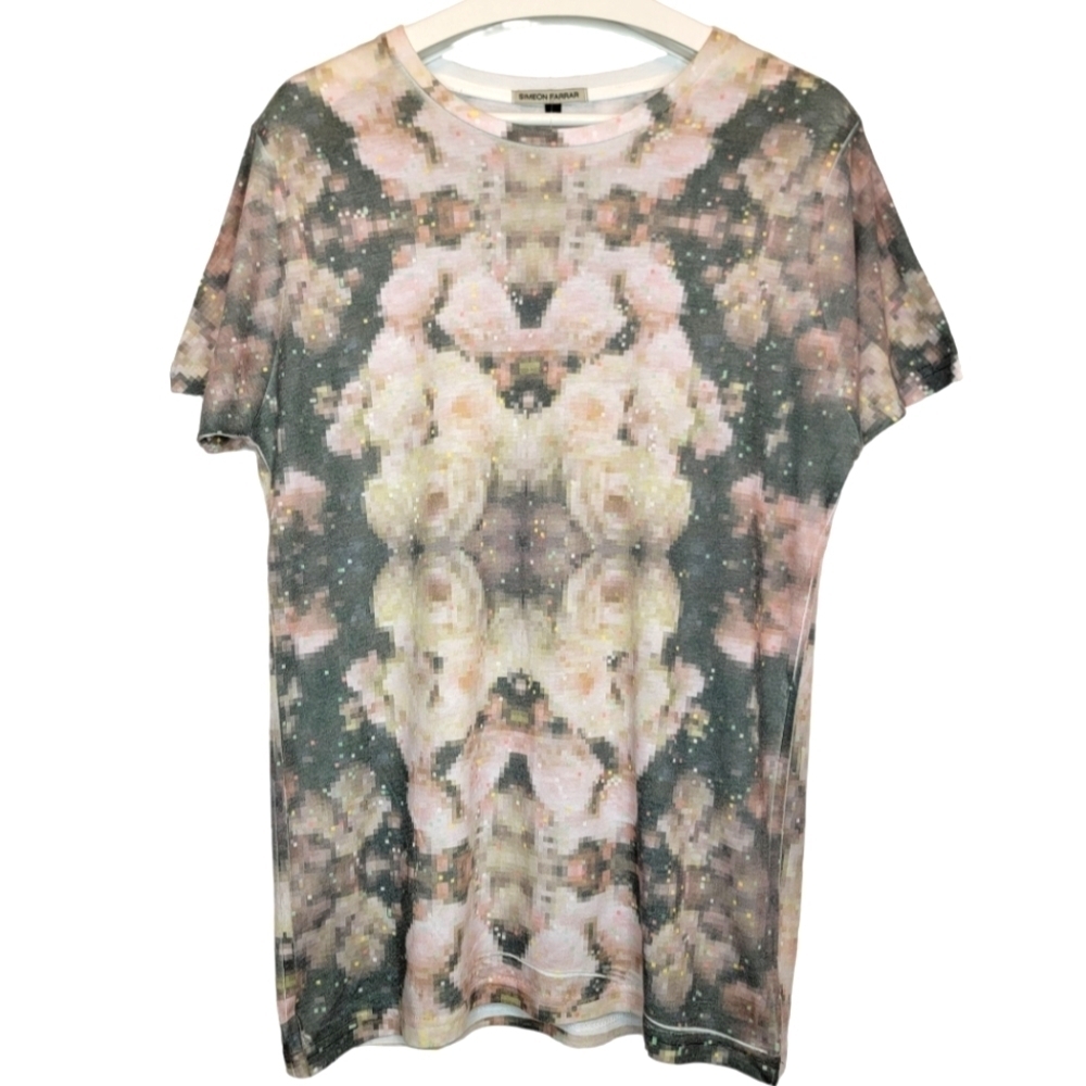 SIMEON FARRAR Kaleidoscope Pixel Tie Dye T-Shirt Cotton Crew Neck Made UK Pink - Picture 2 of 12